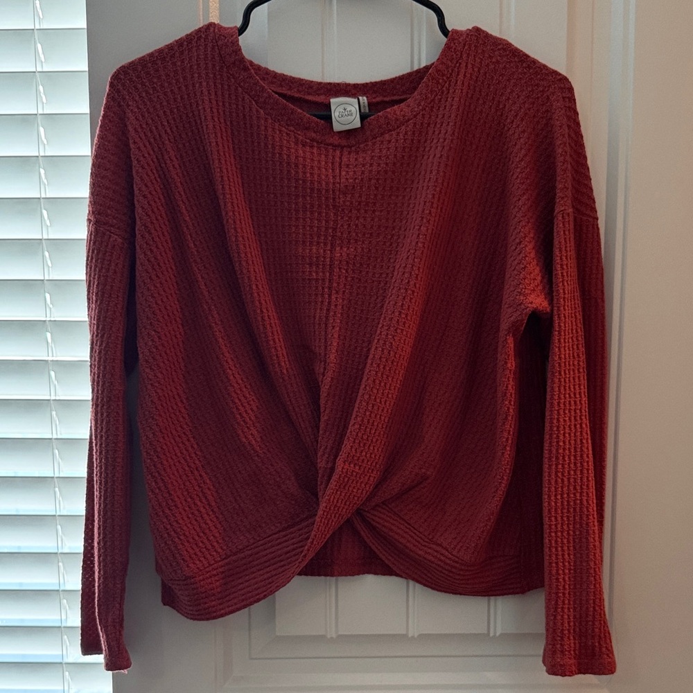 Paper Crane Red Twist Front Long sleeve Waffle knit shirt